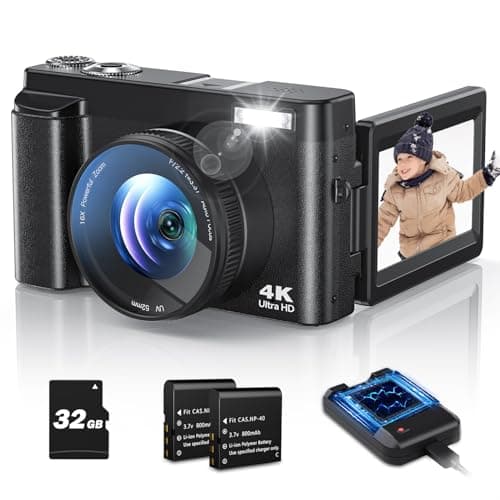 CAMKORY Cámara Digital 4K de 48 MP, cámara compacta, Enfoque automático con Pantalla Flip de 180°, Zoom Digital de 16X, cámara compacta con Tarjeta de 32 GB, 2 Pilas para Principiantes