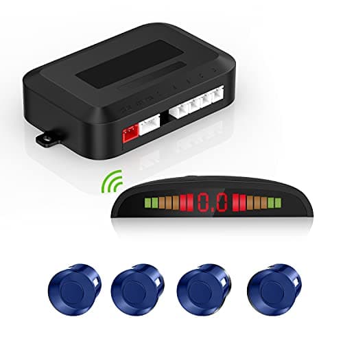 Sensor de Aparcamiento inalámbrico, Sistema de Radar inverso con 4 sensores de Aparcamiento,4 Estacionamiento Sensores + Distancia Info Vídeo Salida + Sonido Advertencia (Azul Color)