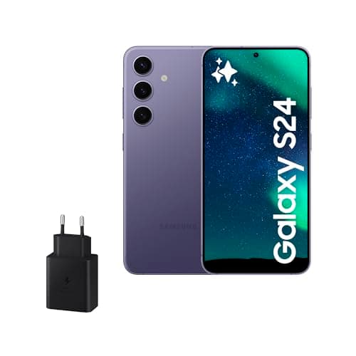 Samsung Galaxy S24 y Cargador 45W, Teléfono Móvil con IA, Smartphone Android, 8 GB RAM, 128 GB Almacenamiento, Cámara 50MP, Batería Larga Duración, Violeta Cobalt (Versión Española)