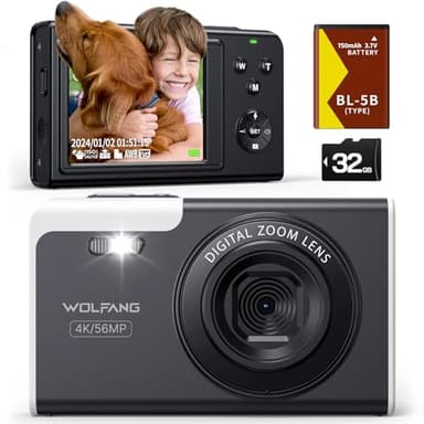 WOLFANG Cámara Digital, cámara Infantil 4K para fotografía, cámara compacta de vlogging de 56 MP, cámara de vídeo Digital con Zoom de 16X, cámara Digital de Enfoque automático y Disparo, Regalo para