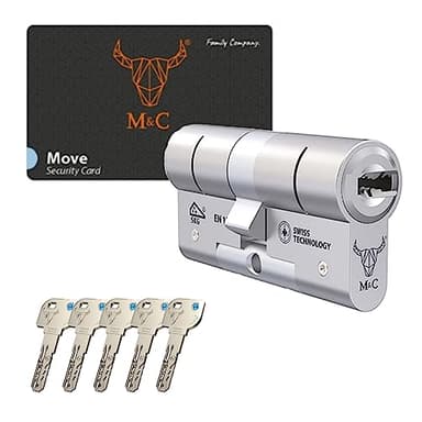 M&C Move Bombín Cerradura Alta Seguridad Anti Topolino Leva Larga Doble Embrague Seguridad Máxima SKG 3 Estrellas 32x32mm Anti Bumping Anti Taladro Níquel Pulido 5 Llaves Incluidas