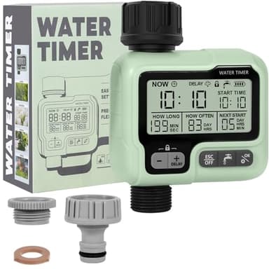 AQXONG Temporizadores para Mangueras, Temporizador de Riego Automático, Temporizador de Riego de Jardín con Pantalla LCD, Modo de Bloqueo para Niños/Riego Retrasado por Lluvia/IPX5 Resistente al Agua