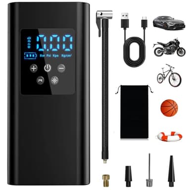 150PSI Compresor Aire Portatil, 6000mAh Inflador Ruedas Coche con 4 Boquillas, Linterna LED y Sensor de Presión para Coches, Motos, Bicicleta, Pelotas