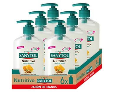 Sanytol Jabón de Manos Nutritivo y Antibacteriano con Almendras y Miel, Limpia, Nutre y Repara la Piel de tus Manos, Fórmula Probada Dermatológica y Clínicamente - Pack de 6 x 250 ml