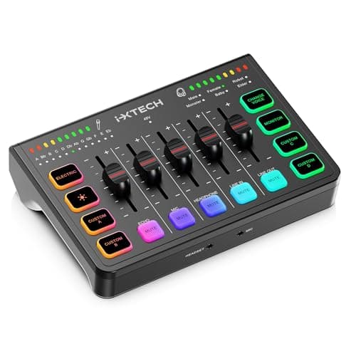 IXTECH Mezclador de audio para videojuegos, placa de sonido de 4 canales, interfaz de audio RGB para PC, con soporte de micrófono XLR, ecualizador de audio para gaming, podcast streaming karaoke,