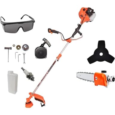 DÜSSELDORF | Desbrozadora Motor 2 Tiempos, Gasolina, 63cc 3,0cv, Motosierra de Extensión, Disco 3 Puntas, Manillar de Agarre Doble, Potente, Arnés Seguridad, Sistema Easy-Start, Accesorios Inc.