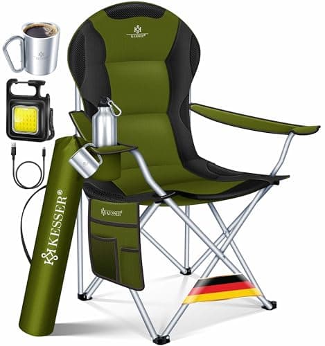 KESSER® Silla de Plegable Camping Acolchada hasta 150 kg, con Apoyabrazos y Portavasos + Bolsa con Respaldo Alto, Silla de Playa, Taburete, Khaki/Negro