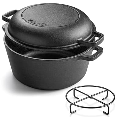 Velaze Olla de Hierro Fundido para Hornear Pan, 5L Dutch Oven 26cm, Robusta Olla para Hornear Pan con Tapa, Olla para Hornear Pan con Trébede, Olla para Hornear Pan Doble Función Tapa y Sartén
