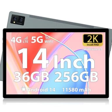 LEVIRTU Tablet 14 Pulgadas Android 14 Tablets, 256GB ROM(Expandir a 2TB),36GB(12+24) RAM, Octa-Core 2.0GHz,11580mAh Batería, 2000 * 1200 FHD 4 Altavoces, 4G LTE/5G WiFi, con Funda, Bolígrafo,Gris