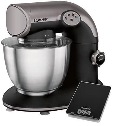 Bomann KM 315 Batidora amasadora, 5.6 litros, 5 velocidades, 1200 W, Incluye báscula de Cocina, Acero Inoxidable, Negro/Plateado