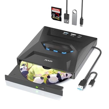 Alxum Unidad de CD DVD Externa para portátil, grabadora de CD portátil USB 3.0 Tipo C con Ranura SD y Puertos USB Lector de CD/DVD de Velocidad superrápida 8X CD 24X para Windows/Mac OS/Linux/Vista