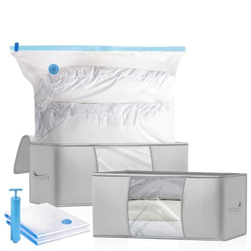 Juego de Bolsas Vacio Ropa, 2 Bolsas de Almacenaje al Vacío, 2 Cajas Almacenaje Ropa con Asa y Cremallera, 1 Bomba de Mano, para Edredón, Almohada y Ropa