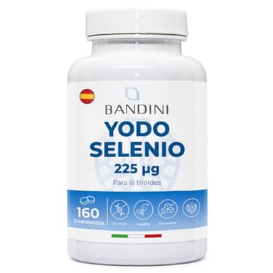Bandini® YODO 225 mcg + SELENIO 100 mcg 160 Comprimidos | Yoduro de Potasio KI + Selenio L Metionina | Alta Absorción Alta Dosis | Iodo 100% Vegano, Sin OGM | Para la tiroides y el sistema nervioso
