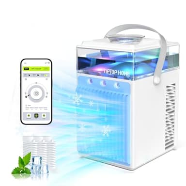 Aire Acondicionado Portátil, 4 en 1 Mini Enfriador de Aire Portátil Ventilador de Enfriamiento de Aire Personal Pequeño USB con 7 Colores LED, 3 Modo niebla y 3 Velocidades para Coche, Oficina, Hogar