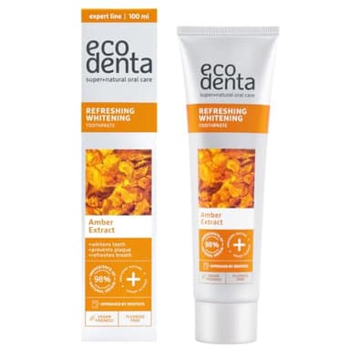Ecodenta Pasta de dientes blanqueadora ámbar sin flúor I Pasta blanqueadora de dientes Elimina el mal aliento, mejora la salud bucal y previene la placa I Recomendado por dentistas y apto para