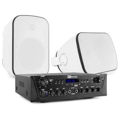Power Dynamics - Pack de Sonido - Amplificador PV220BT con Bluetooth, 2x100W, Radio FM, MP3, 2 Altavoces BD50W blancos de 120W resistentes al agua, montaje interior/exterior, incluye soportes y cables