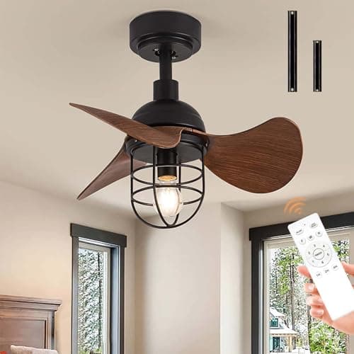 Vintage Ventilador De Techo Pequeño Con Luz, Lámparas Rústicas De Techo Con Ventilador Y Mando A Distancia, E27 Lampara Ventilador Techo, Silencioso 6 Velocidades, Reversible DC Motor (Color Madera)