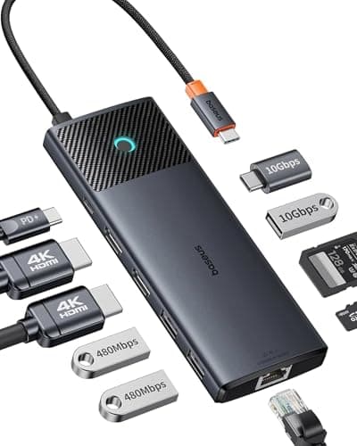 Baseus USB C Docking Station Dual Monitor, 10 Gbps USB C Hub 10 en 1 con 2 HDMI Single 4K@120Hz, Dual 4K@60Hz,10G BPS, Gigabit Ethernet y PD 100W para iPhone 15/DELL/HP/Lenovo