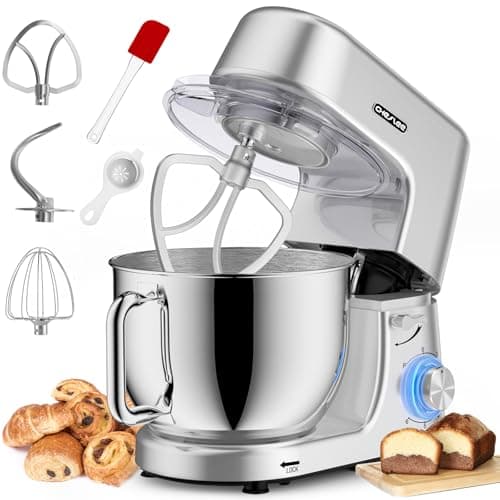 Homlee Batidora Amasadora 1800W Bajo Ruido Amasadora de Pan,con Bol de Acero inoxidable de 7.2 L,Amasador,Batidor,Varillas y Protección Para Salpicaduras 6 Velocidades Repostería Profesional
