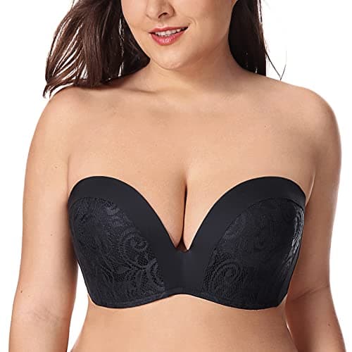 DELIMIRA - Sujetador sin Tirantes Push Up con Relleno de Encaje Negro 110C