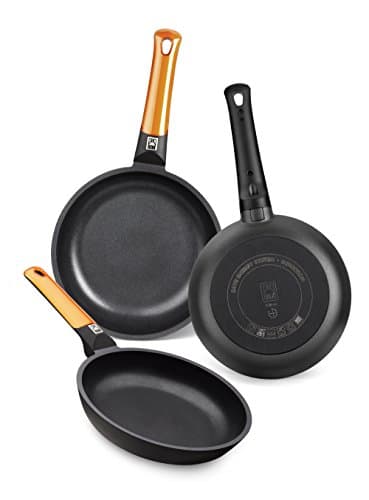 BRA Efficient Orange Juego de 3 Sartenes de Aluminio Fundido, 18/22/26 cm de Diámetro, Antiadherente y 100% Libre de PFOA, para Todo Tipo de Cocinas, Aptas para Lavavajillas