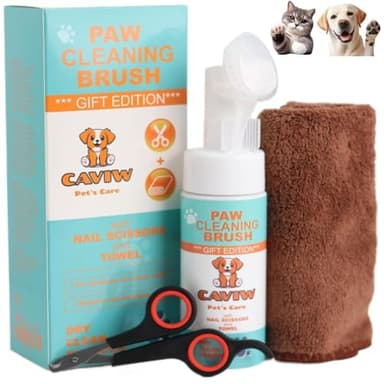 CAVIW Limpiador patas perro, almohadillas perro, 150 ml, Toalla Y Tijeras de regalo, Cepillo con Espuma de Lavado en Seco, no necesita Agua, Elimina Suciedad y Bacterias, Ecológico, Limpia Patas Perro