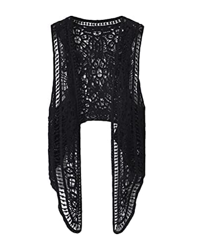 ORANDESIGNE Chaleco de Mujer Cardigan Summer Hippie Gilet Crochet Hollow Lace Irregular Boho sin Mangas Cardigan Chaleco Corto Chaleco Irregular Cardigan Ropa de Playa B Negro Talla única