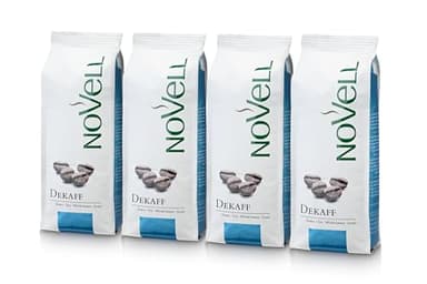 NOVELL - Café en Grano Natural 100% Arábico 1kg | Café Descafeinado en Grano para Experiencia Gourmet Premium | 4 Bolsas de 250 g | Fácil Uso con Válvula Unidireccional | Café Arábica Sostenible