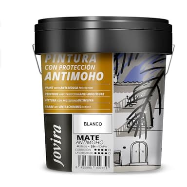JOVIRA PINTURAS Pintura Antimoho, Evita el moho, resistente a la aparición de moho en paredes, aspecto mate. (4 Litros, Blanco)
