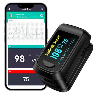 HealthTree Oxímetro de pulso de dedo, monitor de saturación de oxígeno en sangre Bluetooth, monitor de frecuencia cardíaca para Apple y Android, con pantalla OLED, 2 pilas AAA y cordón