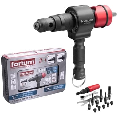 Fortum Adaptador 2 en 1 para Remachadora para Taladro y Atornillador | Para Remaches Ciegos y Tuercas Remachadas de Aluminio, Acero y Acero Inoxidable | Remaches 2,4-6,4 mm + Tuercas Remachadas M3-M12