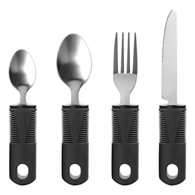 Amfrpar 4 piezas Cubiertos Agarre Fácil Juego de Cubiertos con Goma Antideslizante Mangos Anchos Cuberterias Completas para Facilitar el Agarre para Pacientes con Temblores y Parkinson (Negro)