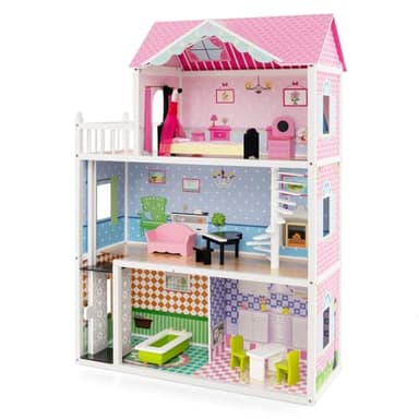 GOPLUS Casa de Muñecas, Maiosn de Lujo para Niños de 3 Plantas, Casa de Sueño de 5 Piezas con 10 Accesorios, Ascensor Funcional y Escalera Giratoria, Regalo para Niños 3+ Años, 80 X 33 X 114 CM