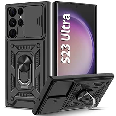 Guisessy Funda para Samsung Galaxy S23 Ultra 5G Armor Carcasa Cubierta de Cámara Deslizante Proteger, con 360 Anillo Soporte PC y Silicona TPU Case, Negro