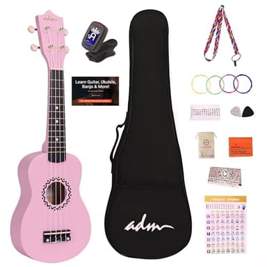ADM Ukelele Soprano Kit 21 Pulgadas, Ukelele para Principiante Adulto con Bolso Correa Afinador, cuerdas arcoíris, mapa de acordes, correa colorida, púas, Rosa