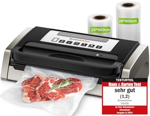 Bonsenkitchen Envasadora al Vacío, Potente y Silencioso, Tecnología Globefish para Trabajo Continuo, Diseño con Mango Bloqueado, Cortador Integrado, 2 Rollos de Bolsas Incluidos