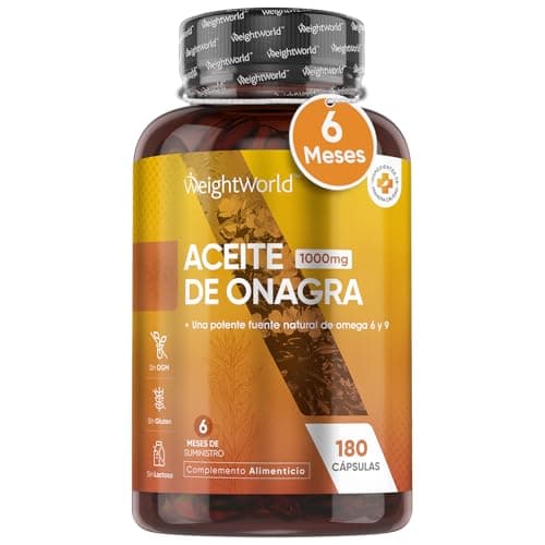 Perlas de Aceite de Onagra 1000mg - 180 Cápsulas - Fuente Natural de Omega 6 y 9, Alfa Linolénico que Contribuye al Colesterol Sanguíneo Normal - Prensado en Frío y Sin OGM, para 6 Meses