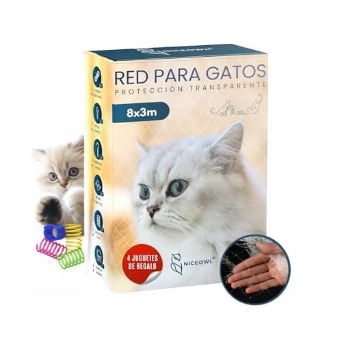 NICEOWL® Red para Gatos | Transparente | 8x3m | Incluye Set de Fijación + 4 Juguetes Interactivos Gratis I Resistente para Terraza, Balcón y Ventana | Malla Proteccion Gatos | Red para Gatos terraza