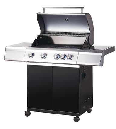 Tarrington House Barbacoa de gas Paxton de 4 + 1 Quemadores, Acero/Acero Inoxidable, Tapa con Termómetro, Mesa Auxiliar, Ruedas, Negro