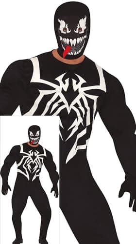 FIESTAS GUIRCA Disfraz de Superhéroe Alienígena para Hombre - Traje Muscular de Villano Negro con Estampado de Araña y Capucha - Disfraces de Halloween para Hombre Talla Adulto L