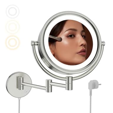Nicesail Espejos de Aumento para Baño con Luz Espejo Maquillaje Pared 10x - 3 Colores de Luz - Espejo Afeitar Extensible Espejo de Doble Cara Níquel Cepillado,Diámetro 20 cm