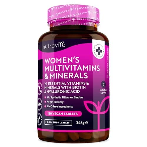 Multivitaminas y Minerales Veganas Para Mujer - 24 Vitaminas y Minerales Activos Esenciales que Incluyen Biotina y Ácido Hialurónico - 180 Tabletas Veganas - Fabricado por Nutravita