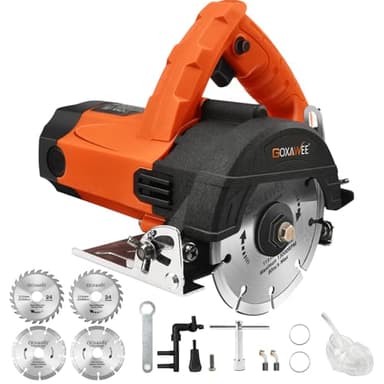 GOXAWEE Mini Sierra Circular, 1800W Sierra Circular de Mano con 4 Hojas de Sierra(115mm), 12000RPM, Motor de Cobre Puro, Profundidad Máxima de Corte 46mm(90°), 30mm(45°) para Madera, Metal y Azulejos