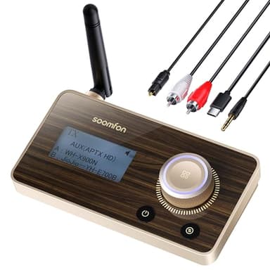 [Upgraded] SOOMFON 3 en 1 Transmisor Receptor Bluetooth 5.2, Adaptador Bluetooth TV con Pantalla LCD, aptX-LL y aptX-HD, Conexión Dual, Largo Alcance 30 M Transmisor Bluetooth para TV/Auriculares