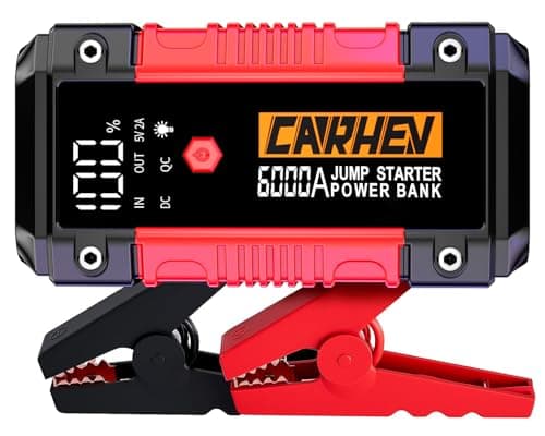 CARHEV Arrancador de Coches 6000A, 26800mAh Arrancador de Baterias de Coches (para 10.0L de Gasolina o 10.0L de Diésel) 12V Portable Jump Starter con Linterna LED, Clips de Seguridad Inteligentes
