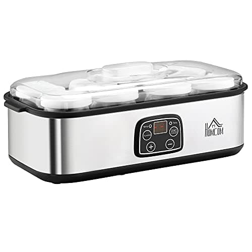 HOMCOM Yogurtera 25W Capacidad 1,44L con 8 Tarros de Cristal de 180 ml Termostato Ajustable Temporizador de 1-48 Horas y Apagado Automático 36x18,8x14 cm Plata