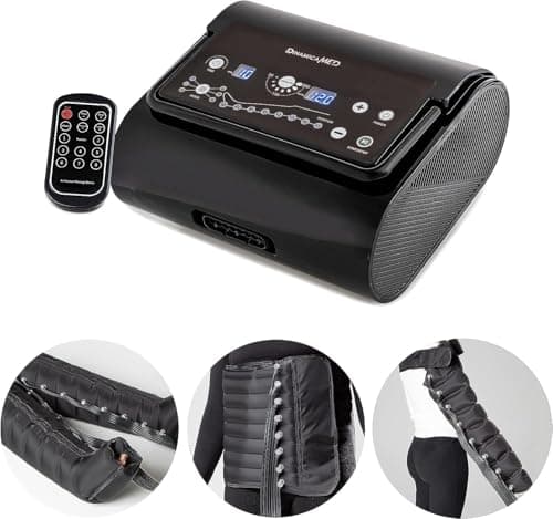 Dinamicamed ® Presoterapia Profesional para Casa Maquina Compacta Completa con 6 Programas de Masaje - Maquina Presoterapia Piernas 8 Cámaras de Aire con Perneras XL, Cinta para el Abdomen y Pulsera