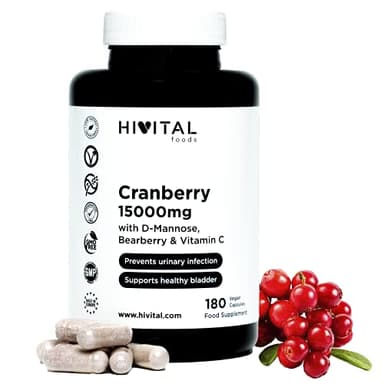 Arándano Rojo Americano 15000 mg. 180 cápsulas veganas para 3 meses de tratamiento. Con D-Manosa, Gayuba y Vitamina C. Cranberry 100% Natural. Fabricado en España por HIVITAL
