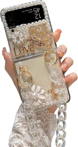 Szakdws Funda con purpurina para Samsung Galaxy Z Flip 6 5G con cadena, para mujer, cristal brillante, corona 3D, piedras preciosas, parte trasera con correa de mano, protección contra caídas,
