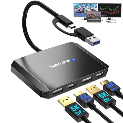 WAVLINK DisplayLink USB 3.0 o USB C a DisplayPort HDMI Adaptador, Dual 5K/4K@60Hz 4IN1 Monitor Hub para DELL HP Surface Lenovo, Compatible con Windows y Mac-Negro